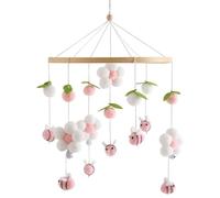Wooden Crib Mobile - Nursery Hanging Ornament for Infant Decoration | Natural Wood with Pom Poms Flowers Bees, Floral Bee Accents, Lightweight Bassinet Display Toy for Bedroom Stroller Travel