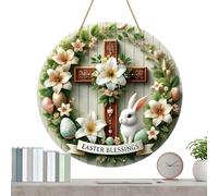 Wooden easterPlate - Bunny Flowers Spring Round Dangling Sign, easterDoor SignWelcome signFront Porch Decor for Party Outdoor Indoor | Restaurant Patio Decor, Church Fellowship Hall, Kindergarten