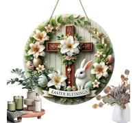 Wooden Front Porch Welcome Sign Wall Decor, Easter Door Sign, 20cm Round Plate Dangling Decoration, Bunny with Colorful Eggs Decor for Home Farmhouse Indoor Outdoor