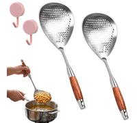 Wooden Handle Stainless Steel Skimmer, Skimmer Spoon Stainless Steel with Heat-Resistant Wooden Handle - 304 Stainless Steels Skimmers Spoon for Deep Frying, Boiling & Fast Oil Draining (2Pcs)