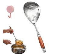 Wooden Handle Stainless Steel Skimmer, Skimmer Spoon Stainless Steel with Heat-Resistant Wooden Handle - 304 Stainless Steels Skimmers Spoon for Deep Frying, Boiling & Fast Oil Draining (1Pcs)