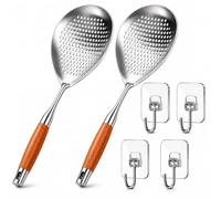 Wooden Handle Stainless Steel Skimmer With Oval Drainage Matrix, 17.7 In Lengthened Rapid Oil Draining Slotted Spoon, Skimmer Slotted Spoon, For Deep Frying Pasta Noodles Oil Draining Cooking (S+S)