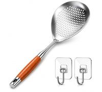 Wooden Handle Stainless Steel Skimmer With Oval Drainage Matrix, 17.7 In Lengthened Rapid Oil Draining Slotted Spoon, Skimmer Slotted Spoon, For Deep Frying Pasta Noodles Oil Draining Cooking (L)