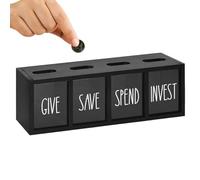 Wooden Kids Money Bank - 4-Compartment Coin Organizer | Educational Mini Piggy Bank with Give Save Spend InvestSections for Children Teens, Home, Classroom, Birthday