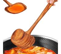Wooden Ladle Spoon, Long Handle Turner, Non Stick Cooking Tool Ergonomic 2 in 1 Design, for Non Stick Pan Cooking Pot Kitchen Restaurant Mixing Flipping Frying Stirring Use 15.35x4.61x3.07 Inches