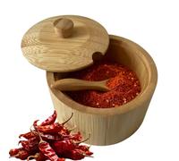 Wooden Salt Box With Lid And Spoon Rustic Seasoning Storage Container