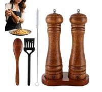 Wooden Salt Pepper Grinder Set - Refillable Manual Mills for Cooking Seasoning | Natural Wood Body with Adjustable Ceramic Core, Includes Spoon Cleaning Brushes for Kitchen BBQ Picnic Indoor Outdoor