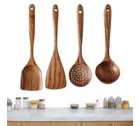 Wooden Spoons for Cooking | Set of 4 Safe Natural Wood Cooking Spoons - Kitchen Tools Set with Long Handles, Large Soup Spoon, Non-Stick Cookware for Women Men Chef