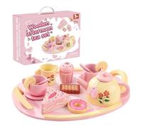 Wooden Tea Party Set, Kids Pretend Play Toy, 16 Piece Postre Set for Creative Role Play, Smooth Polished Wood with Safe Edges, Educational Playset, Gift for Girls Age 6-8 Birthday Holiday Fun