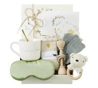 WOODEN TEETHER 9 piezas de regalo para bebés niñas y niños, juego personalizado para mujeres embarazadas con tarjeta de mamá, máscara de ojos, vaso, tarjeta de felicitación, sonajero de bebé, caja de