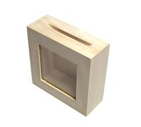 Wooden World - Hucha de Madera Banco con Estructura de Madera y Cristal Frontal Ideal para decoupage y pirograbado