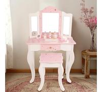 WOODENFUN Tocador de princesa rosa con espejo plegable triple, taburete y cajón, juego de maquillaje, diseño de estrellas, multifuncional para regalo de nacimiento