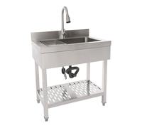 WooDerson Fregadero de acero inoxidable para lavar, fregadero independiente de acero inoxidable, fregadero rectangular con 1 cuenco, fregadero de restaurante comercial con grifo (plata, 70 x 50 x 90