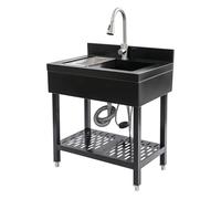WooDerson Fregadero de acero inoxidable para lavar, fregadero independiente de acero inoxidable, fregadero rectangular con 1 cuenco, fregadero de restaurante comercial con grifo (negro, 70 x 50 x 90