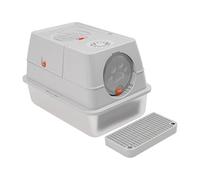 WooDerson Inodoro para gatos con tapa, caja de arena con pala para gatos de hasta 10 kg, control de olores, recipiente cerrado para arena para gatos, incluye alfombrilla (gris claro)