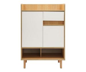 WooDerson Zapatero con puertas, zapatero independiente con cajón, pie zapatero para pasillo, salón, dormitorio, 60 x 32 x 90 cm (madera de cerezo color y blanco)