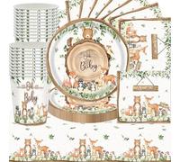 Woodland - Juego de vajilla para fiesta de cumpleaños, 61 unidades, diseño de animales de la selva, platos, servilletas, tazas, manteles, baby shower, temáticas de cumpleaños infantiles