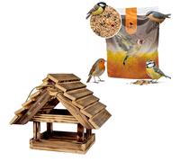 WOODOK Caja nido de madera + forro para pájaros, 1 kg, incubadora resistente a la intemperie para herreros, petirrojos y gorriones con tapa de limpieza, comedero para pájaros con protección contra