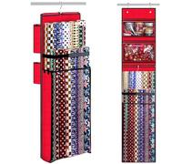 Woodoulogy Almacenamiento de papel de regalo colgante, 63 x 13 pulgadas, color Rojo, doble cara, bolsa de envoltura de Navidad, contenedor sobre la puerta