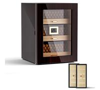 Woodronic Gabinete humidor hecho a mano con higrómetro digital para 100 a 150 unidades, caja de cigarros con forro de cedro español con 3 cajones más grandes, 2 humidificadores, acabado de piano brillante, gran regalo para padres