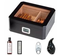 Woodronic Humidificador de cigarros con accesorios para puros, higrómetro digital, humidificador de gel de cristal, cenicero, cortador y solución de humidificador, caja de cigarros con tapa de vidrio