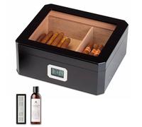 Woodronic Humidificador de cigarros con accesorios para puros, higrómetro digital, humidificador de gel de cristal, cenicero y cortador, caja de cigarros superior de vidrio Pixel, regalo de escritorio