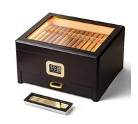 Woodronic Humidificador de puros para 50 puros con luz LED, cajón de accesorios, higrómetro digital, humidificador de gel de cristal, forro de cedro español y divisor, caja de cigarros de escritorio
