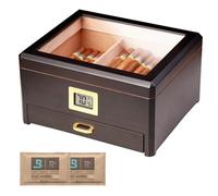 Woodronic Humidor de cigarros y Boveda 72% de humedad con higrómetro digital, caja de cigarros con forro de cedro español con divisor de cedro y cajón de accesorios de almacenamiento, gran regalo para padres