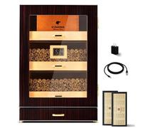 Woodronic Humidor de puros con luz LED, puerta magnética, 3 cajones y divisores de cedro español, cajón de accesorios, higrómetro digital y humidificadores, ébano brillante, capacidad para 150 puros