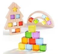 Woodtoe Juego de bloques de construcción de madera para niños, 24 bloques acrílicos arcoíris, 2 marcos de madera de arco iris y árbol de Navidad, bloques apilables Montessori para niños pequeños