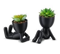 WOODWORD Suculentas Falsas, Mini Plantas suculentas Artificiales en Color Negro, Modernas macetas de cerámica con Forma Humana, decoración de Escritorio, Planta de Escritorio para decoración de