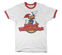 Woody Woodpecker Oficialmente Licenciado Classic Logo Ringer Camiseta para Hombre (Blanco-Rojo), Large
