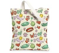 Woof - Bolsa de lona para mujer, diseño de dibujos animados, color verde hueso, lavable, reutilizable, ideal para ir de compras, viajes, oficina, biblioteca, casual, 13 x 15 pulgadas