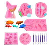 Woohome 12 Pz Molde de Silicona para Fondant Moldes para Caramelos, Molde de Sirena Molde de Silicona, Marina Animales Moldes Silicona para Decorar Tartas, Chocolate, Dulces, Hornear