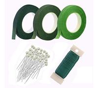 Woohome 5 Pz Herramienta Florales, 1/2 Cinta Floral Verde Stem Tape, Alambre Floral de Calibre 22 y 100 Pz Aguja de Bolas