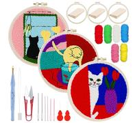 Woohome Kit de Bordado com Agulha Perfurada, Punch Needle Embroidery Kit con Patrón de Color, Aro de Plástico, Hilo e Instrucciones (Gato y Jarrón)