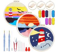 Woohome Kit de Bordado com Agulha Perfurada, Punch Needle Embroidery Kit con Patrón de Color, Aro de Plástico, Hilo e Instrucciones (Faro y Puesta de Sol)