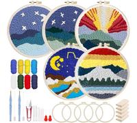 Woohome Kit de Bordado com Agulha Perfurada, Punch Needle Embroidery Kit con Patrón de Color, Aro de Plástico, Hilo e Instrucciones (5 Juegos, Noche y Lago)