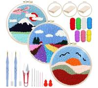 Woohome Kit de Bordado com Agulha Perfurada, Punch Needle Embroidery Kit con Patrón de Color, Aro de Plástico, Hilo e Instrucciones (Puesta de Sol y Campos de Flores)