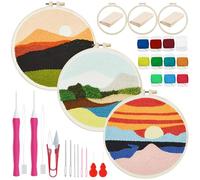 Woohome Kit de Bordado com Agulha Perfurada, Punch Needle Embroidery Kit con Patrón de Color, Aro de Plástico, Hilo e Instrucciones (Paisaje de Sol y Cielo Azul)