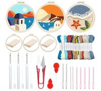 Woohome Kit de Bordado de Aguja de Perforación, Punch Needle Kit Incluye Aro de Plástico, Tela de Aguja Perforada, Hilo de Color para Adultos, Principiantes (Playa, Cabaña, Puesta de Sol)