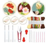 Woohome Kit de Bordado de Aguja de Perforación, Punch Needle Kit Incluye Aro de Plástico, Tela de Aguja Perforada, Hilo de Color para Adultos, Principiantes (Flores Rojas, Rosas y Amarillas)