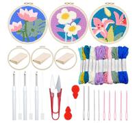 Woohome Kit de Bordado de Aguja de Perforación, Punch Needle Kit Incluye Aro de Plástico, Tela de Aguja Perforada, Hilo de Color para Adultos, Principiantes (Crisantemo, Loto, Lirio)