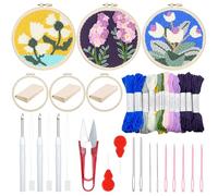 Woohome Kit de Bordado de Aguja de Perforación, Punch Needle Kit Incluye Aro de Plástico, Tela de Aguja Perforada, Hilo de Color para Adultos, Principiantes (Flores Blancas y Moradas)