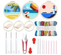 Woohome Kit de Bordado de Aguja de Perforación, Punch Needle Kit Incluye Aro de Plástico, Tela de Aguja Perforada, Hilo de Color para Adultos, Principiantes (Faros, Veleros, Cielo Azul)