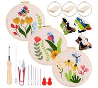 Woohome Kit de Iniciação de Bordado de Agulha de Perfuração, Punch Needle Embroidery Kit con Instrucciones, Aro de Plástico, Hilos para Principiantes, Adultos (Mariposa, Libélula y Pájaro)