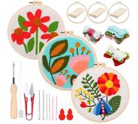 Woohome Kit de Iniciação de Bordado de Agulha de Perfuração, Punch Needle Embroidery Kit con Instrucciones, Aro de Plástico, Hilos para Principiantes, Adultos (Flor Roja y Rosa)