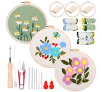 Woohome Kit de Iniciação de Bordado de Agulha de Perfuração, Punch Needle Embroidery Kit con Instrucciones, Aro de Plástico, Hilos para Principiantes, Adultos (Flores Blancas, Azules y Moradas)