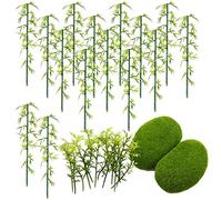 Woohome Modelo de árboles de bambú, 30 árboles de bambú en miniatura, árboles de bambú de plástico verde y 2 rocas de musgo artificiales para decoración del hogar, jardines de hadas