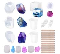 Woohome Moldes Silicona Resina, 22 Pz Silicona Moldes de Joyería Incluyendo Cubos, Piedras, Piedras de Cristal, Diamantes y Palos de Madera para La Creación de Joyas, Velas y Artesanías